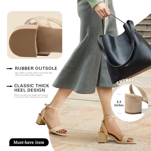 Image of Women's Chunky Low Heels 2.3IN Open Toe and Ankle Strap Nude Black Heel For Women Ankle Strap Short Sandals Wedding Party Comfort Dress Shoes