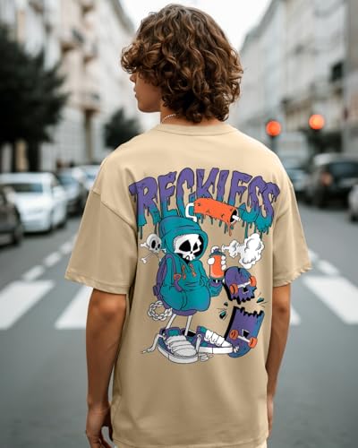 Image of Bewakoof Men's Cotton Printed Oversized Fit Half Sleeve Round Neck T-Shirt | Casual Wear | Street Wear | Oversized t Shirt for Men Cotton | Baggy
