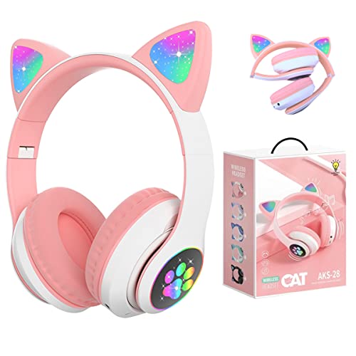 Megadream Wireless Headphones for Kids Cat Ear Foldable Bluetooth Earphones Flashing LED Light Up Over Ear Headset with Microphone for iPhone/iPad/Tablet