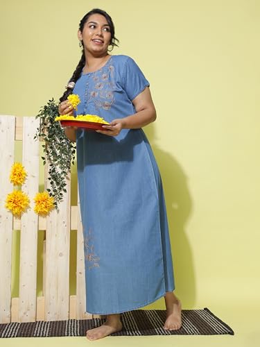 Image of 9shines Label Stylish Denim Cotton Nighty Maxi for Women | Full Length Trendy Nightgown | Premium Nightdress | Nightwear | Embroidery Nighty with Pocket (9SDS)