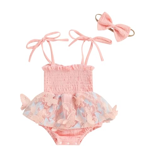 Image of Baby Girl Sleeveless Romper Dress Butterfly Embroidery Jumpsuit Headband Cute Fashion Summer Clothes Outfits