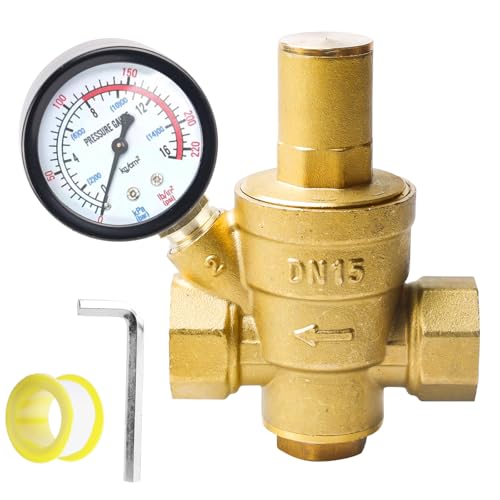 Regulador de presión de agua 1/2 pulgadas DN15 con manómetro, regulador de presión de agua de latón, regulador de presión de agua ajustable, regulador de presión de 1,6 MPa y herramienta de ajuste