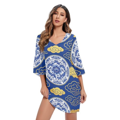 Robe trapèze en mousseline de soie à col en V doré pour femme