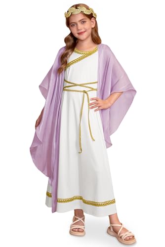 BesserBay Girls Greek 2PCS Halloween Toga Elegant Goddes Dress with Gold Leaf Headband 4-12 Years
