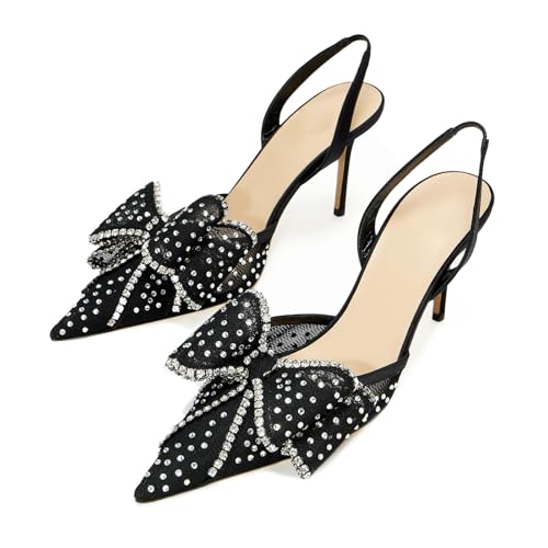Goolita Bow Sparkly Crystal Slingback Heels for Women, Sexy Stiletto Heels Pointed Closed Toe Mesh Pumps Slip On Party Bridal Shoes for Wedding