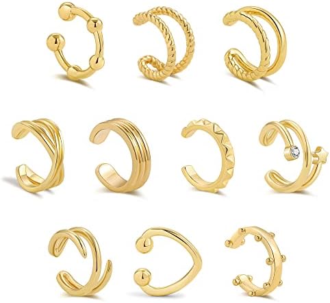 Sloong 10pcs Sparkling Ear Cuff pack Gold Dainty Helix Earrings Huggie Stud Cuff Earrings for women Earring Set | Clip On Cartilage non pierced