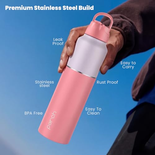 Image of Perch Magic Stainless Steel Water Bottle 1 Ltr | ISI Certified | Single Wall Fridge Bottle | Dual Cap & Straw Cleaner | BPA Free | for Travel, Gym, School & Home | Pink | Crafted by Pexpo