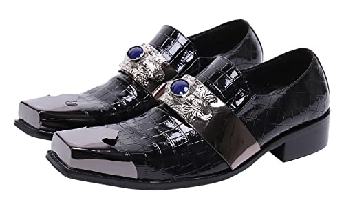 Santimon Mens Dress Loafers Metal-Strapped Genuine Leather Sapphire Decor Hard Square Tip Business Evening Party Wedding Shoes