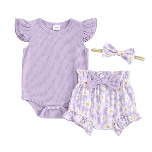 Image of Hnyenmcko Newborn Baby Girl Clothes Daisy Print Fly Sleeve Romper Ruffle Bloomer Shorts Headband Set Infant Summer Outfits