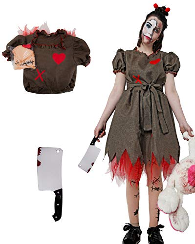 Gojoy Shop - Costume de poupée Zombie et Couteau à Blague pour Femmes Halloween (Contient Couteau, Robe, épingles à Cheveux et Collants, Une Taille) Cover