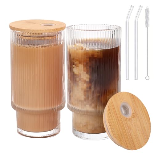 AiMQnLe Glass Cups with Bamboo Lids and Straws - 16 oz Reusable
