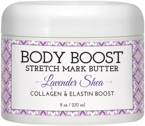 Body Boost Lavender Shea Stretch Mark Butter 8 oz.- Helps Treat Stretch Marks and Scars- Pregnancy and Nursing Safe- with Shea Butter