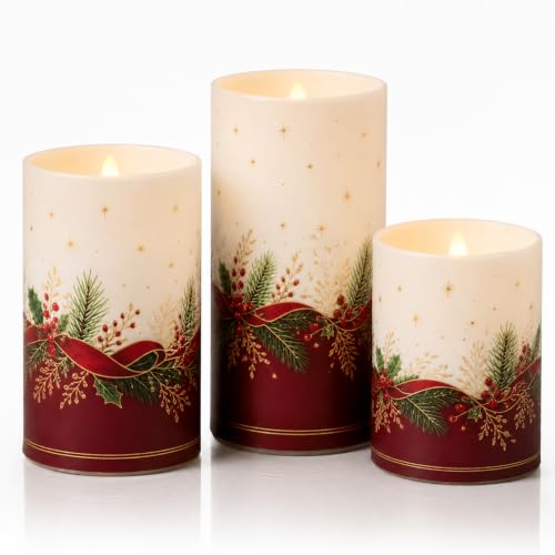 Image of Tujoe 3 Pcs Christmas Flameless Candle Burgundy Emerald Gold Pillar Candle