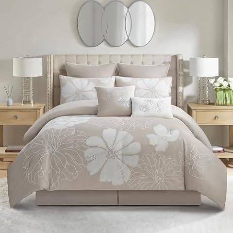 Stratford Park Taupe Jacquard Comforter Set King Size, 8 Piece Floral Bedding Set, All Season Home Decor, Matching Pillow Shams, Bedskirt, Decorative Pillows Cover