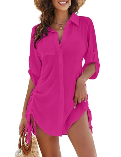 Image of Blooming Jelly Womens Bathing Suit Cover Ups Bikini Swimsuit Coverup Drawstring Button Down Beach Dress Shirt