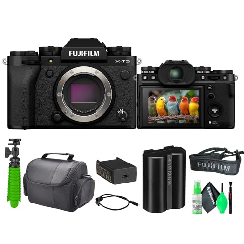 Fujifilm X-T5 Mirrorless Digital Camera Body Bundle with Greens Lens Cleaning Kit + 12 Inch Flexible Vlogging Tripod + Travel Camara Bag (Black)