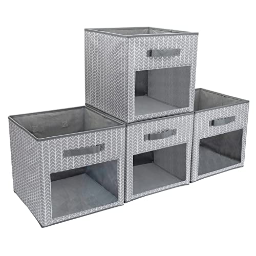 Image of DOMEraax Cube Storage Bin 4 Pack with Clear window Large Boxes Basket with Handles Fabric Closet Organizer 13" x 13" x 13" Herringbone Pattern