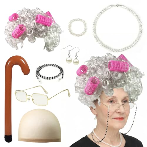 Perruque de vieille dame et lunettes rétro pour costume de carnaval