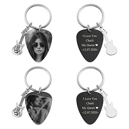 Personalized Master Custom Photo keychain Pendant Free Engraving Stainless Steel Guitar Pick Keychain Key Ring for Dad Husband Boyfriend Musician Guitarist Gift