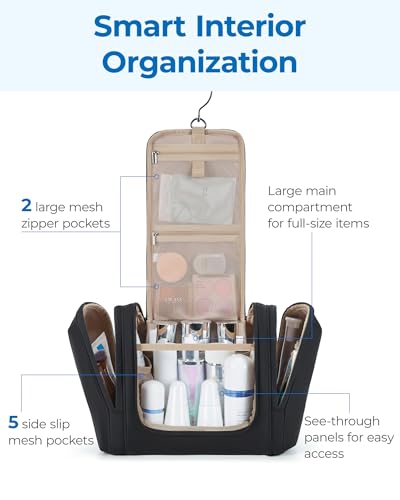 BAGSMART Travel Toiletry Bag for Women, Puffy Hanging Toiletry Bag with Hook, Water-resistant Toiletry Organizer for Full Sized Toiletries, Black4
