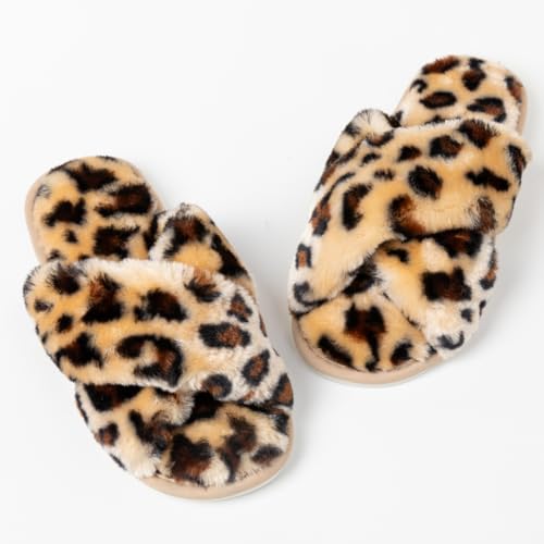 Image of Women's Cross Band Fuzzy Slippers Fluffy Open Toe House Slippers