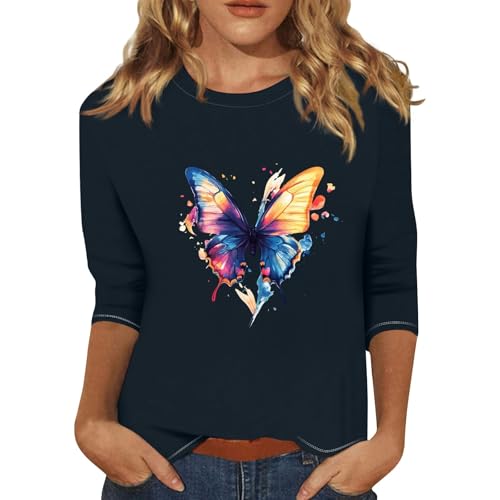 Kvsozwuty Casual Loose O Neck 2D Print Tee Lightweight Graphic Round Neck Shirts Summer Crewneck Outfits Workout 3/4 Sleeve Tunic Cute Clothes Fashion Dressy Blouses