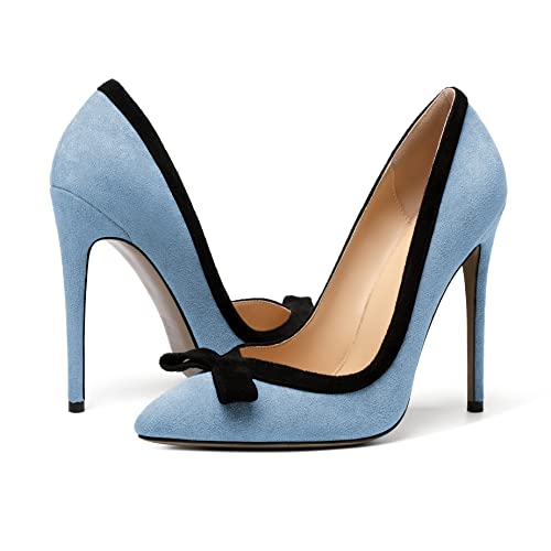 Zamikoo Women's Pointed Toe Slip On High Heel Pumps, Stiletto Heels with Bow, Classic Pumps Shoes for Casual Dress Office Wedding 4.7 Inch Suede Heels4