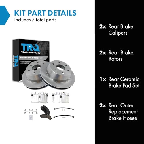 Image of TRQ Rear Brake Pad and Rotor Set Ceramic Rotors Calipers Compatible with 2002 Chevrolet Avalanche 1500 Suburban 1500 Tahoe GMC Yukon Yukon XL 1500