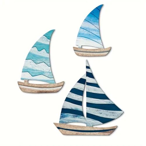 Juego de 3 decoraciones de pared de velero de madera, tema náutico, fácil montaje, decoración de barco, balthroom, guardería, arte de pared junto al mar