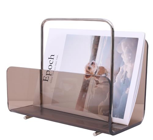 brilliant choice Magazine Holder, Brown Clear Acrylic with Stainless Steel Handle, Tabletop Display Stand