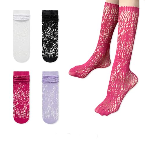 Women's Fishnet Crew Socks 4 Pairs Breathable Mesh Stack & Scrunch Long Calf Socks (US, Alpha, One Size, Regular, Regular, 24-18-black white red purple-4 Paris)