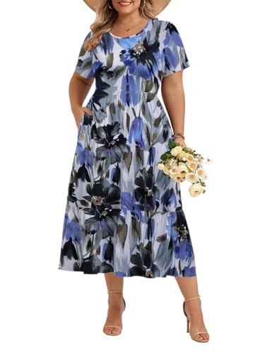 Image of LARACE Plus Size Dresses for Women Summer Casual Short Sleeve Long Dress Flowy Maxi Beach Dresses with Pockets L-6XL