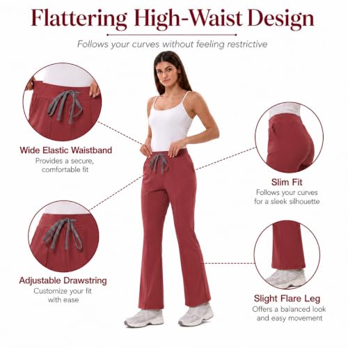 YEZEX Yoga Scrub Pant Women - High Waisted Flare Scrub Pant, Yoga Scrub Leggings Work Pant, Anti-Wrinkle & 4 Pockets,Slim Fit Pink — view 4
