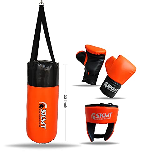 Image of SKMT NEVER LOSE UNTIL YOU WIN Kids Boxing Kit with Filled Punching Bag, Gloves and Headgear, Age 7-13 Years (Orange)