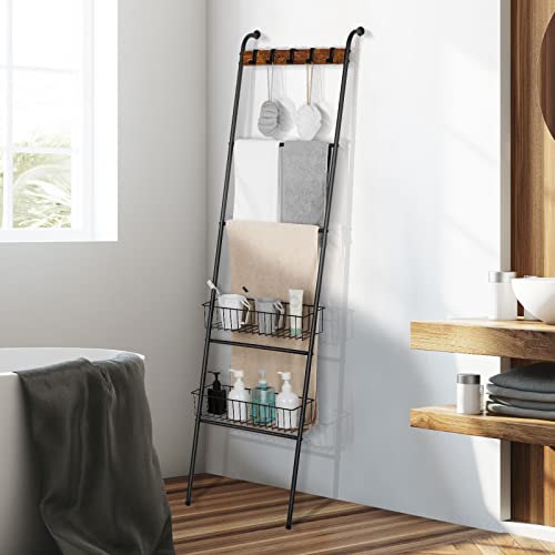 Blanket Ladder Black Farmhouse Leaning Towel Ladder Holder With 2 Metal Baskets 4 Tier Decorative Ladder Rack With 5 Removable Hooks For Living Room Bathroom Bedroom, Industrial Brown #TOP3