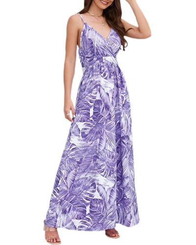Womens Sexy Spaghetti Strap Deep V Neck Flowy Maxi Boho Dress High Waisted Flared Long Floral Beach Sun Dress