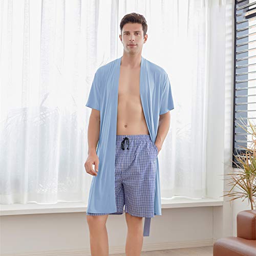 7 VEILS Mens Kimono Modal Knit Robe Soft Hotel Spa Bathrobe Lightweight Short Knee Length Sleepwear (Blue grey Short Sleeve, XX-Large)3