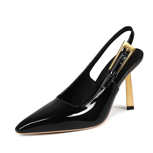La Mejor Selección de Ferioni al mejor precio. 34 Fericzot Zapatos de Vestir de tacón Alto con Tira Trasera y Punta Puntiaguda para Mujer, de Charol, con Hebilla, Color Negro, Talla 9.5