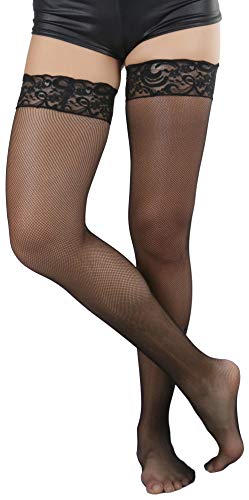 Image of ToBeInStyle Women's Wide Floral Lace Fishnet Thigh Hi Stockings