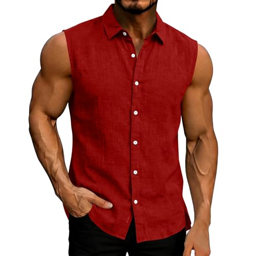 UHouse Leinenhemd Ärmellos Herren Freizeit Ärmellose Hemden Hawaii Hemd Männer Baumwolle Leinen Strandhemd Sommer Tank Top Muskelshirt Leichte Sommerhemd Casaul Freizeithemd Rot S