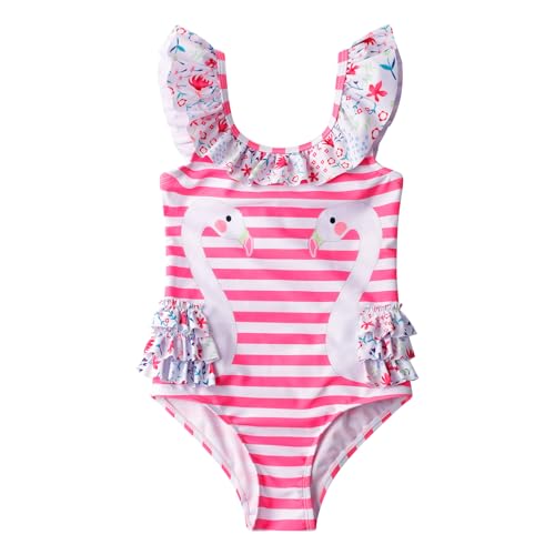 LIZENS Girls One Piece Swimwear Cute Swimsuit Pink Striped Print Ruffle Bathing Suit for Kids