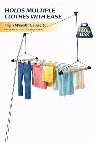 Image of Purnima Marketing PM Heavy Duty Stainless Steel (6 Pipe X 5 Feet) ECODRY Model with UV Protected Nylon Rope Ceiling Cloth Dryer | Cloth Drying Stand for Balcony | Clothes Stand for Drying