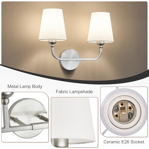 Image of Bathroom Vanity Light Brushed Nickel Bathroom Lighting Fixtures Over Mirror | 2-Light Bathroom Light Fixtures with Flared White Fabric Shade, E26 Socket (ETL Listed)