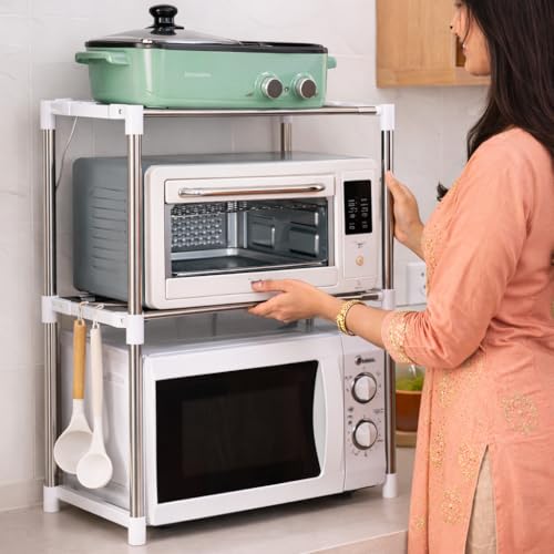 Image of DecorTwist Stainless Steel Microwave Oven Storage Rack for Kitchen | Universal Countertop Organizer | Heavy-Duty Rust Resistant Rack for Microwave, Oven & Appliances