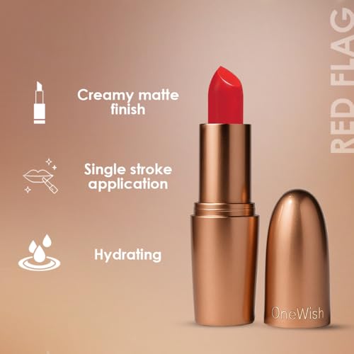 Image of One Wish Creamy Matte Lipstick - Red Flag Shade 27 | Long Lasting | Full Coverage | Creamy Formula | High Pigment | SPF | Enriched with Vitamin E, Almond Oil & Shea Butter | 8 Hrs Wear | Smooth Finish | 3.8 gm