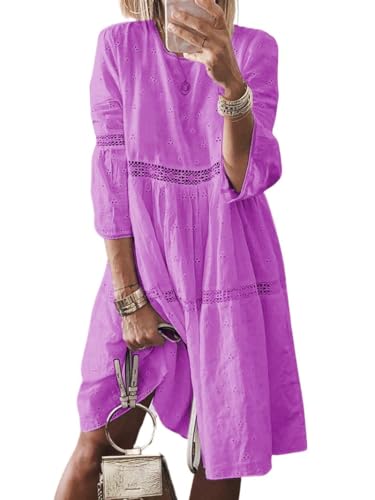 Image of utcoco Womens Lace Eyelet Embroidery Dresses 3 /4 Trumpet Sleeve Crochet Spliced A Line Flowy Boho Midi Dress