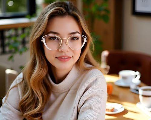 Image of HJSTES Blue Light Blocking Glasses Women Trendy Cat Eye Metal Frame Computer Reading Eyewear(White)
