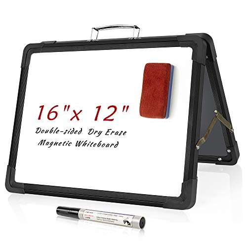 Small Dry Erase White Board  Magnetic Desktop Foldable Whiteboard Portable Mini Easel Double Sided on Table Top with Holder for Kids Drawing, Teacher Instruction, Memo Board. (Black)