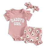 Tsnbre Newborn Baby Girl Clothes Daddys Girl Short Sleeve Romper Floral Shorts Headband Infant Summer Outfits (Pink, 0-3 Months)