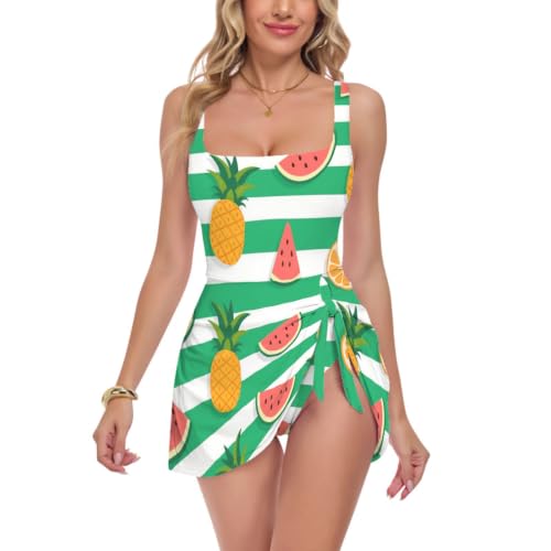 Vestido de natación a rayas verdes para mujer con push up y braguita